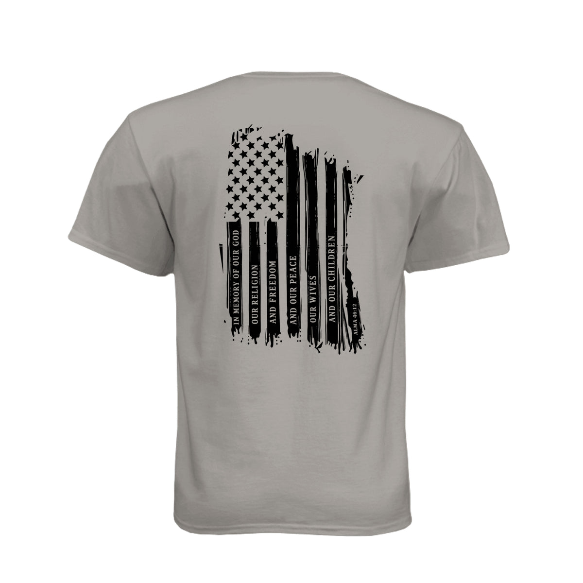 Captain Moroni Title of Liberty LDS t-shirt featuring Book of Mormon warrior and the title of liberty flag - product view 24