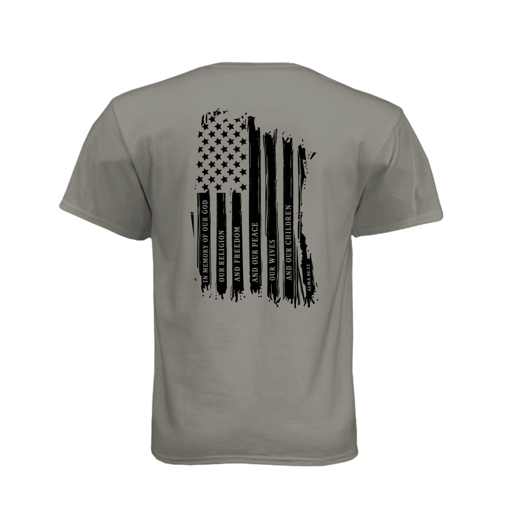 Captain Moroni Title of Liberty LDS t-shirt featuring Book of Mormon warrior and the title of liberty flag - product view 26