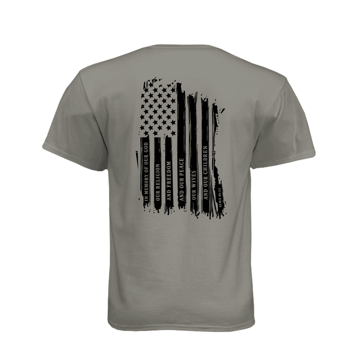 Captain Moroni Title of Liberty LDS t-shirt featuring Book of Mormon warrior and the title of liberty flag - product view 26