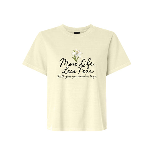 More Life Less Fear LDS t-shirt featuring message about faith overcoming fear and hope - product view 2