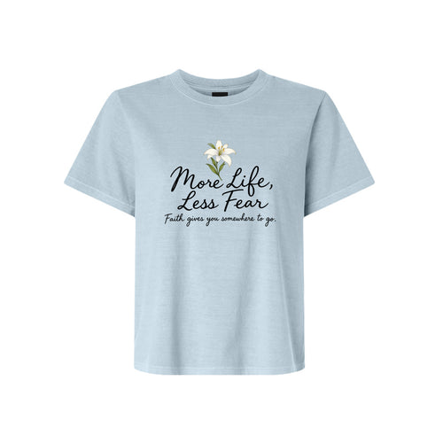 More Life Less Fear LDS t-shirt featuring message about faith overcoming fear and hope