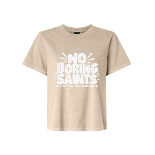 No Boring Saints LDS t-shirt featuring message about living faith with personality and joy - product view 2