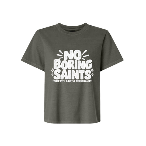 No Boring Saints LDS t-shirt featuring message about living faith with personality and joy