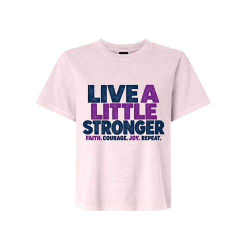 Live A Little Stronger LDS t-shirt featuring faith courage and joy message with motivational design
