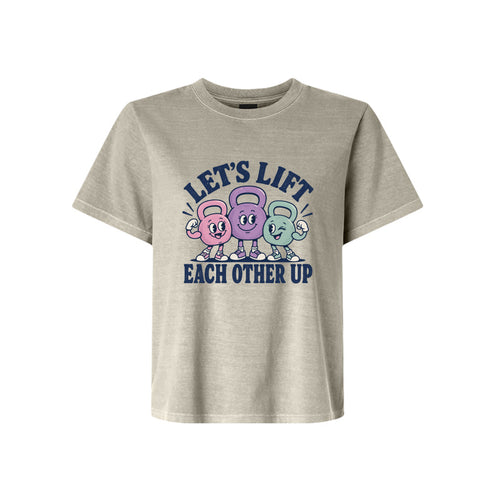 Let's Lift Each Other Up LDS t-shirt featuring message of encouragement and lifting others in faith