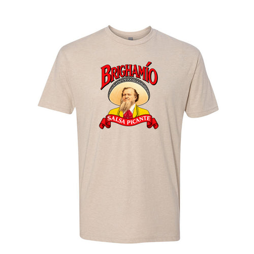 Brighamio Salsa Picante LDS humor t-shirt featuring playful Brigham Young inspired design - product view 2