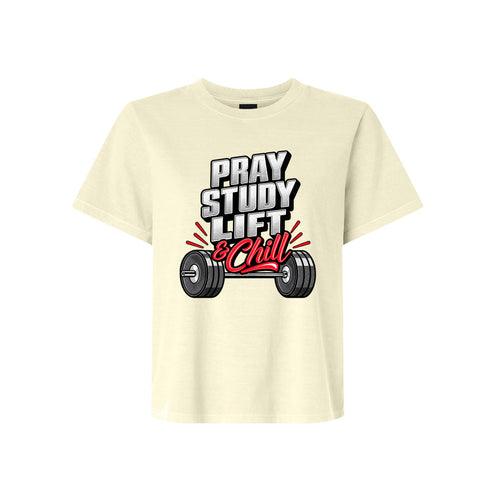 Pray Study Lift Chill LDS t-shirt in alternate colorway featuring discipleship and fitness lifestyle - product view 2