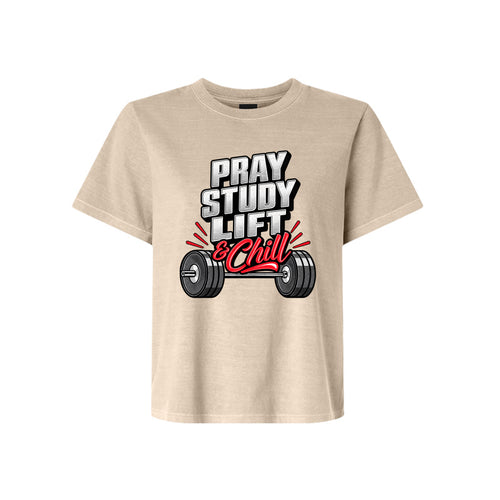 Pray Study Lift Chill LDS t-shirt in alternate colorway featuring discipleship and fitness lifestyle