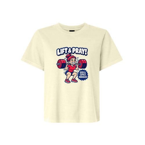Lift and Pray Seek and Expect Miracles LDS t-shirt combining fitness and faith with miracle message - product view 2
