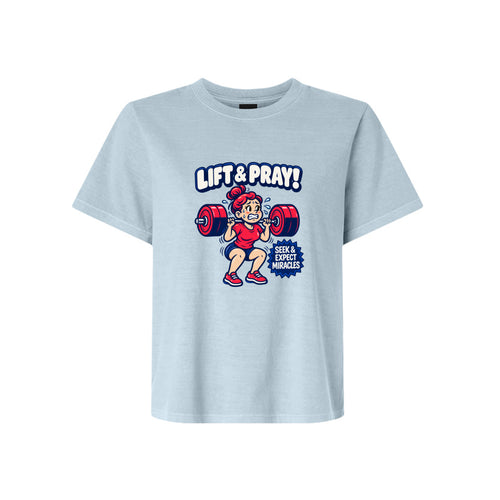 Lift and Pray Seek and Expect Miracles LDS t-shirt combining fitness and faith with miracle message