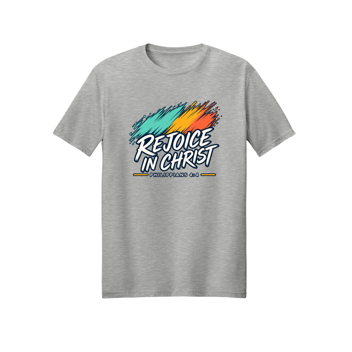 Brush Stroke Rejoice in Christ shirt design detail, Philippians 4:4 scripture tee in Ash