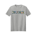 Floral Typography Rejoice in Christ shirt design detail, Philippians 4:4 scripture tee in Ash