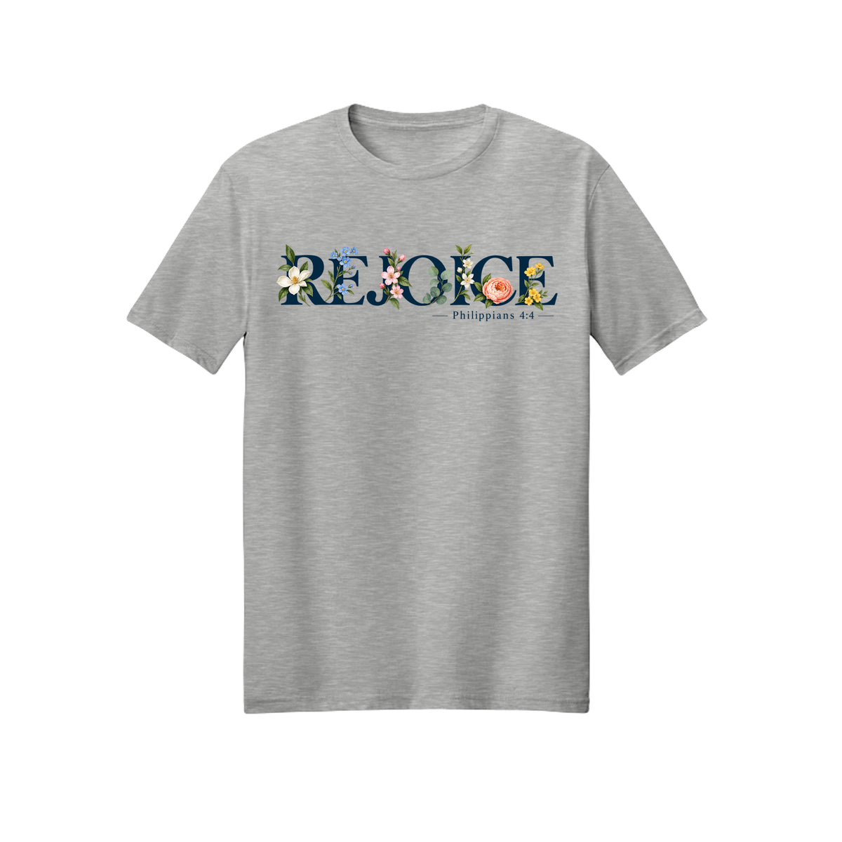 Floral Typography Rejoice in Christ shirt design detail, Philippians 4:4 scripture tee in Ash