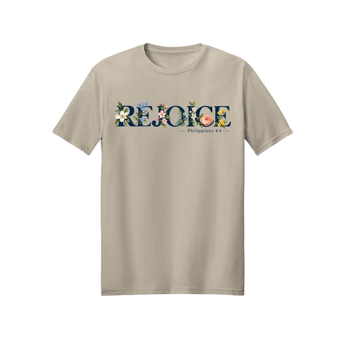 Floral Typography Rejoice in Christ shirt in Sand