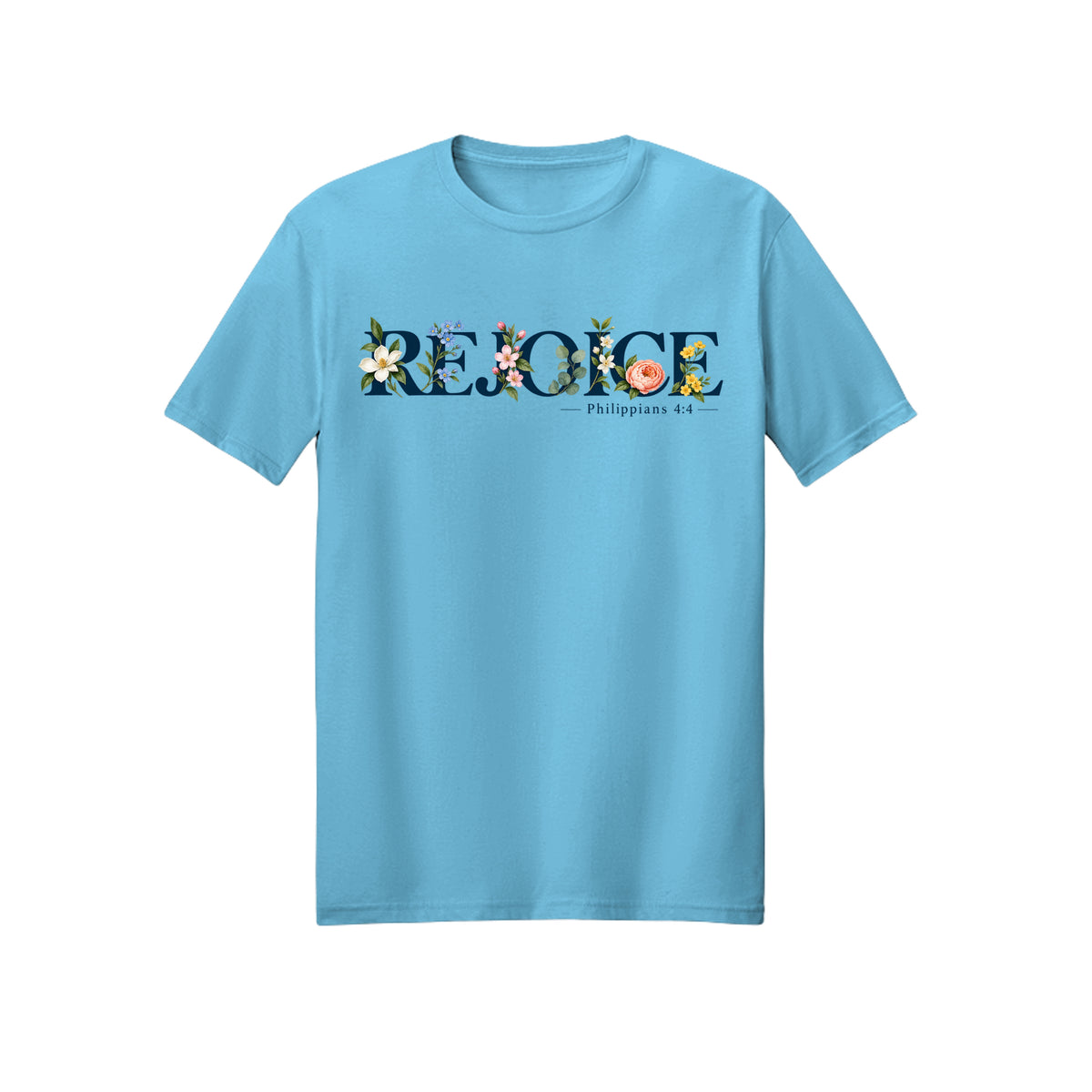 Floral Typography Rejoice in Christ shirt in Sky