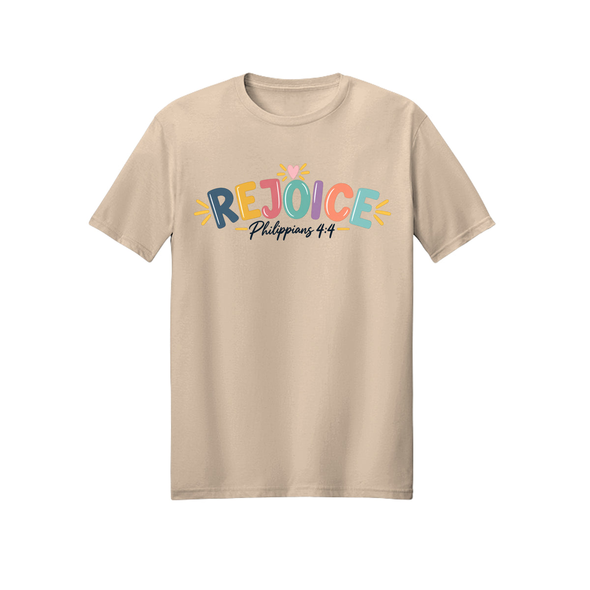 Colorful Hand Lettered Rejoice in Christ shirt in Natural