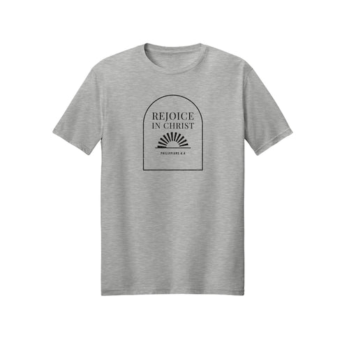 Archway Rejoice in Christ shirt design detail, Philippians 4:4 scripture tee in Ash