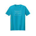 Minimal White Rejoice in Christ shirt — 2027 LDS youth theme design, Philippians 4:4 in Carolina Blue