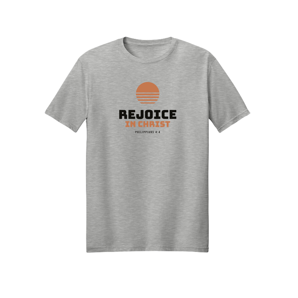 Retro Sun Rejoice in Christ shirt design detail, Philippians 4:4 scripture tee in Ash