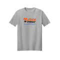 Starburst Rejoice in Christ shirt design detail, Philippians 4:4 scripture tee in Ash