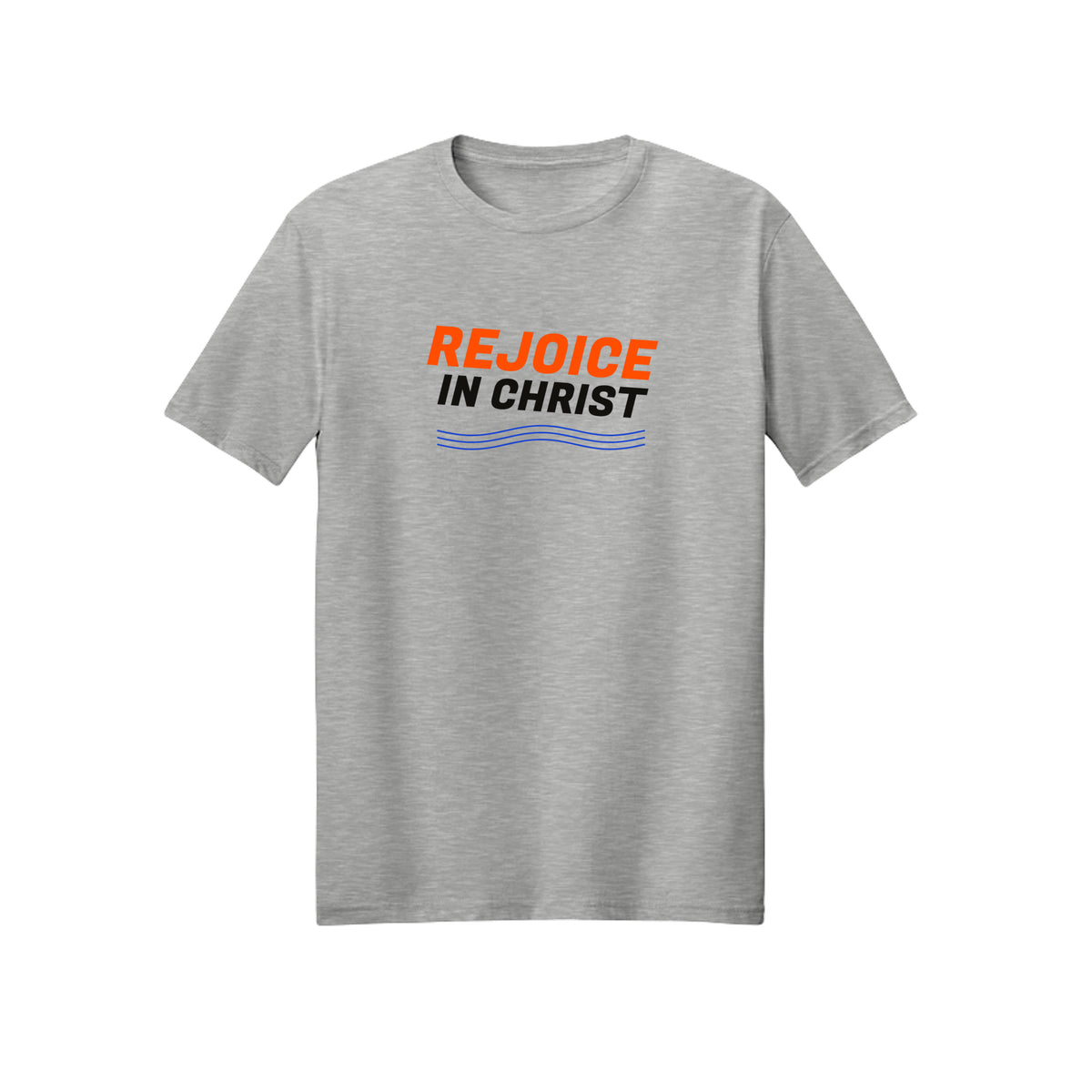 Starburst Rejoice in Christ shirt design detail, Philippians 4:4 scripture tee in Ash