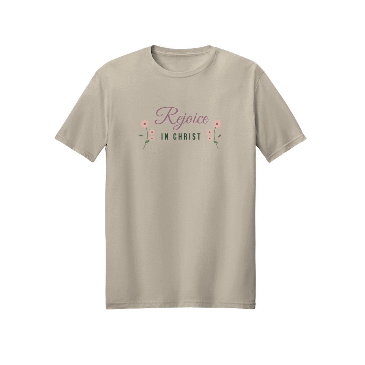 Floral Script Rejoice in Christ shirt in Sand