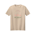 Tiny Floral Rejoice in Christ shirt design detail, Philippians 4:4 scripture tee in Natural