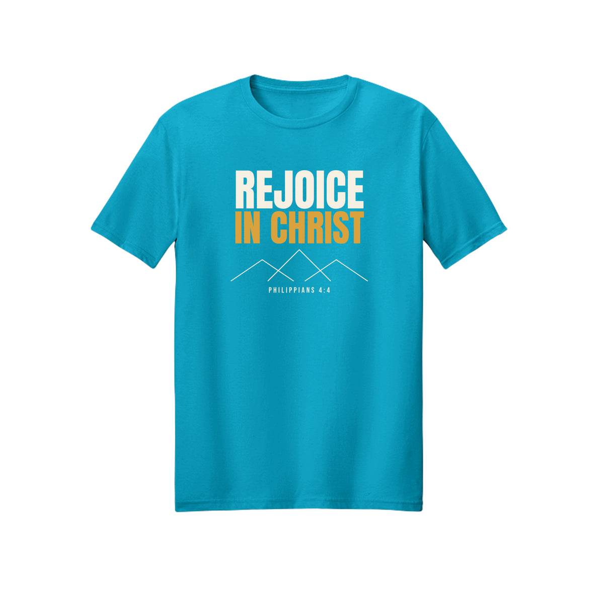 Bold Gold Rejoice in Christ shirt in Carolina Blue