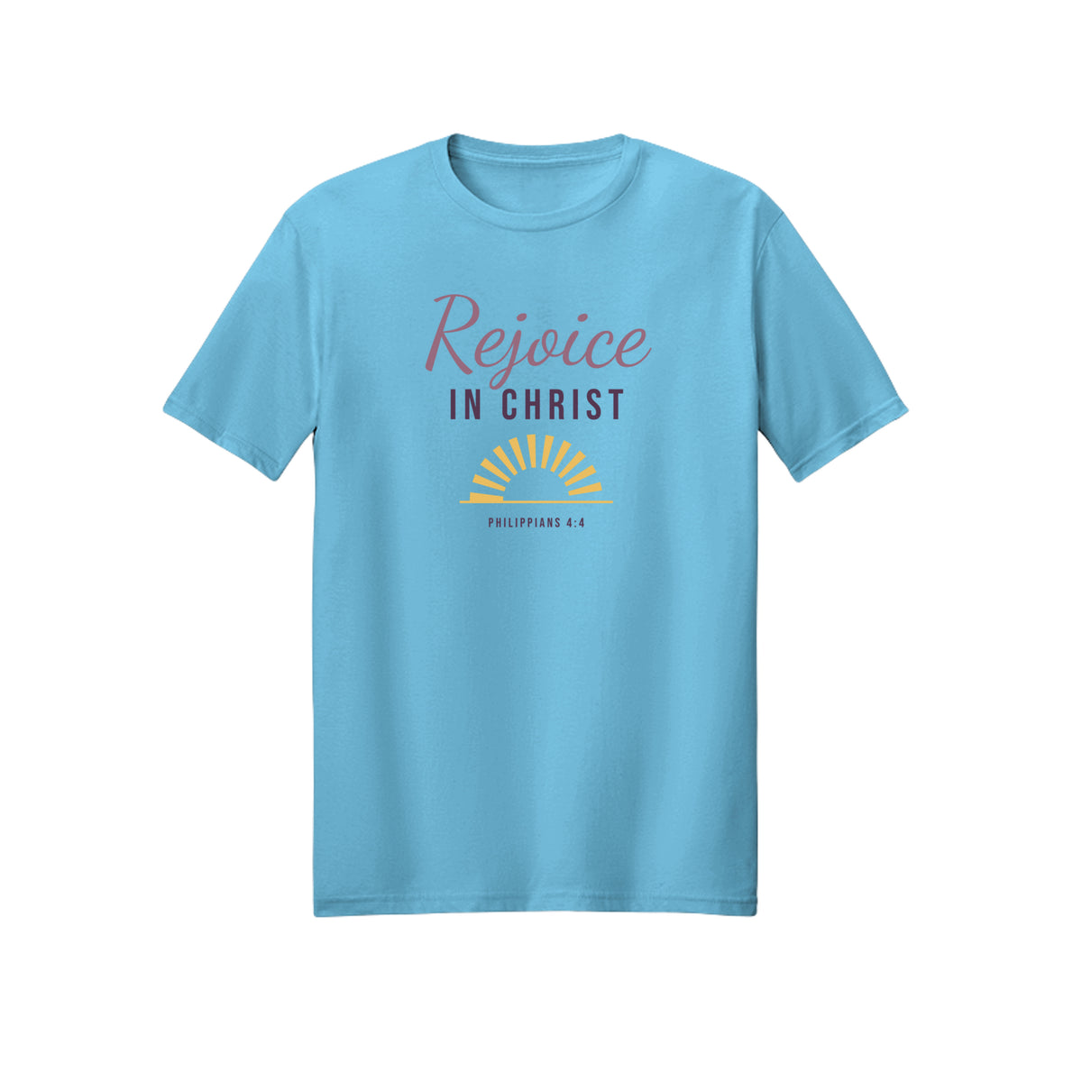 Sunrise Script Rejoice in Christ shirt in Sky