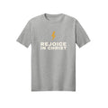 Lightning Rejoice in Christ shirt design detail, Philippians 4:4 scripture tee in Ash