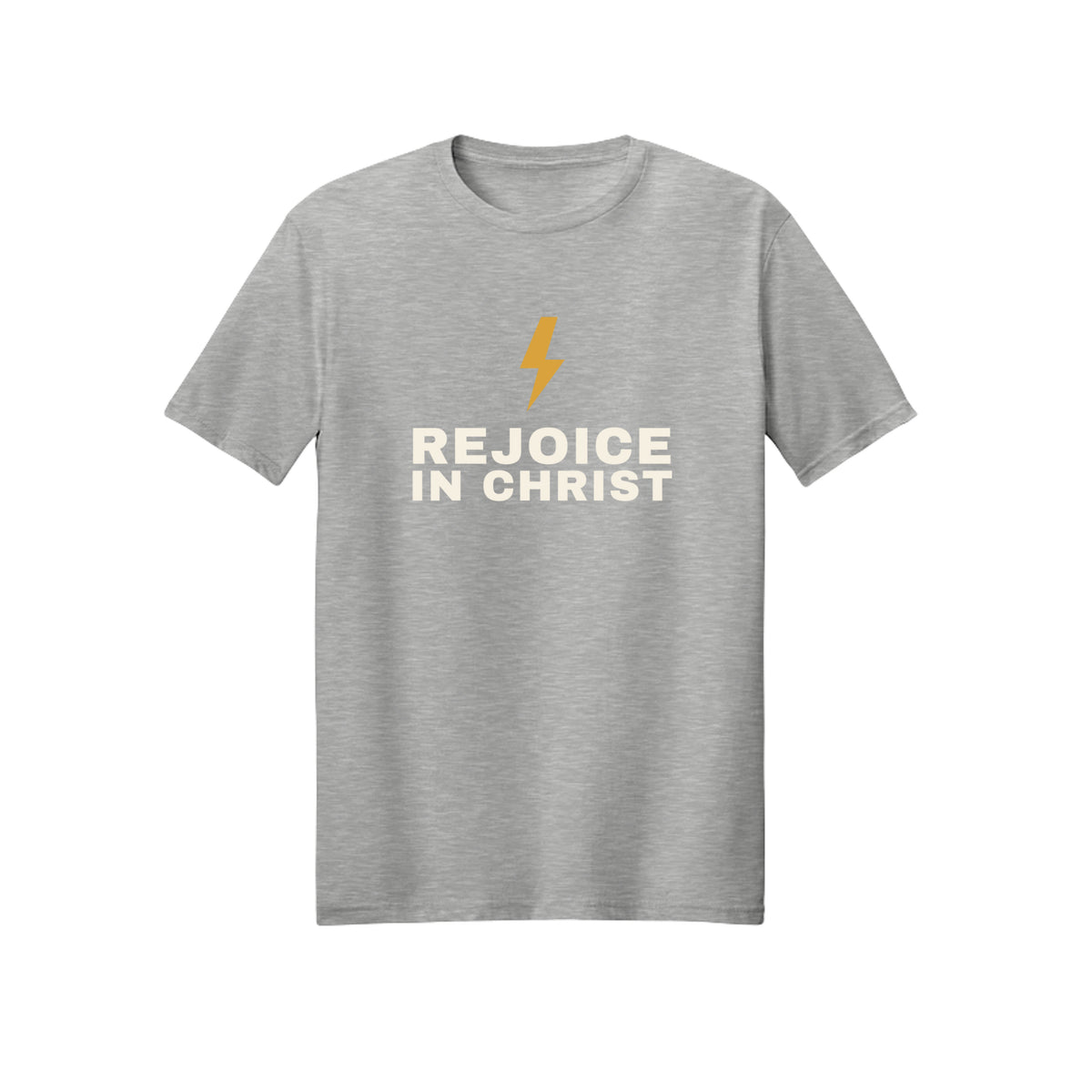 Lightning Rejoice in Christ shirt design detail, Philippians 4:4 scripture tee in Ash