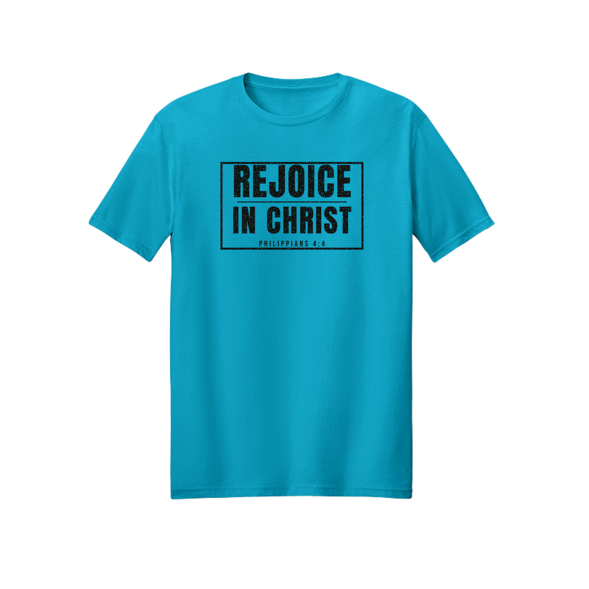 Boxed Rejoice in Christ shirt in Carolina Blue