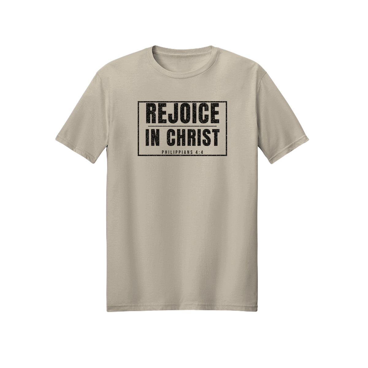 Boxed Rejoice in Christ shirt in Sand