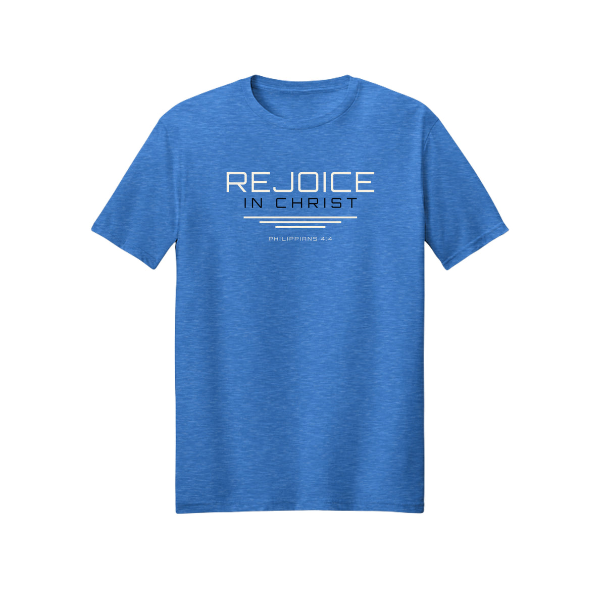 Minimal White Line Rejoice in Christ shirt in Heather Royal