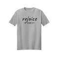 Small Modern Rejoice in Christ shirt design detail, Philippians 4:4 scripture tee in Ash