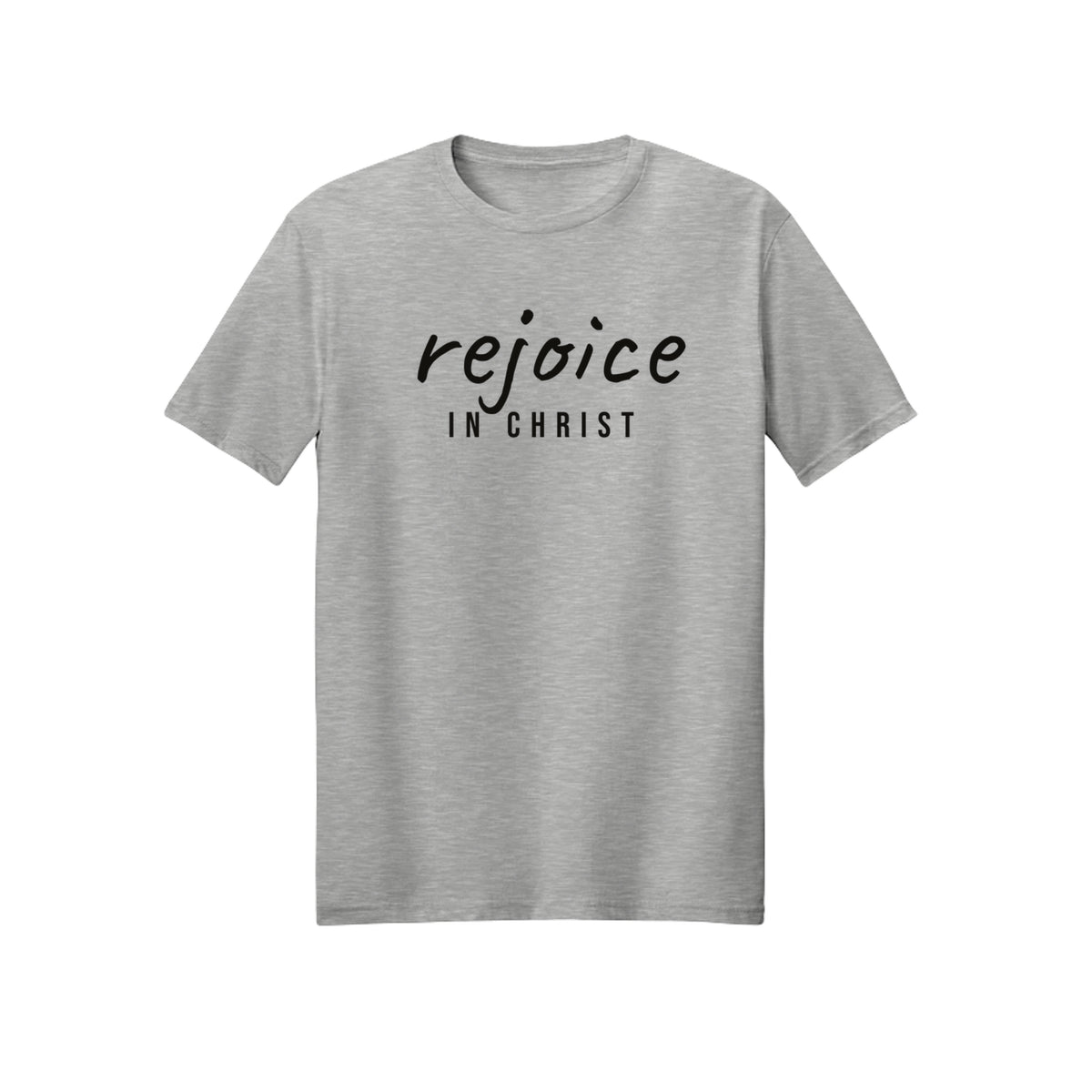 Small Modern Rejoice in Christ shirt design detail, Philippians 4:4 scripture tee in Ash