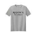 Classic Small Rejoice in Christ shirt design detail, Philippians 4:4 scripture tee in Ash