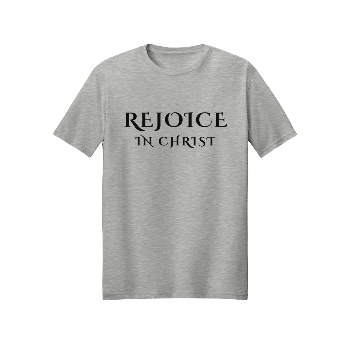 Classic Small Rejoice in Christ shirt design detail, Philippians 4:4 scripture tee in Ash