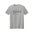 Blue Handwritten Rejoice in Christ shirt design detail, Philippians 4:4 scripture tee in Ash