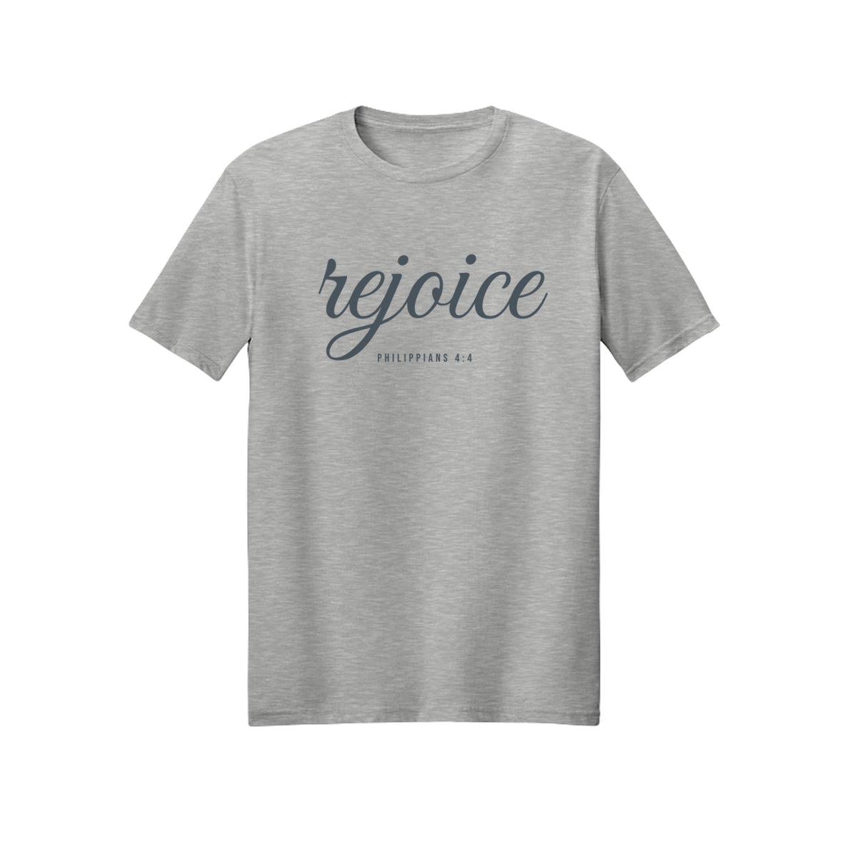 Blue Handwritten Rejoice in Christ shirt design detail, Philippians 4:4 scripture tee in Ash