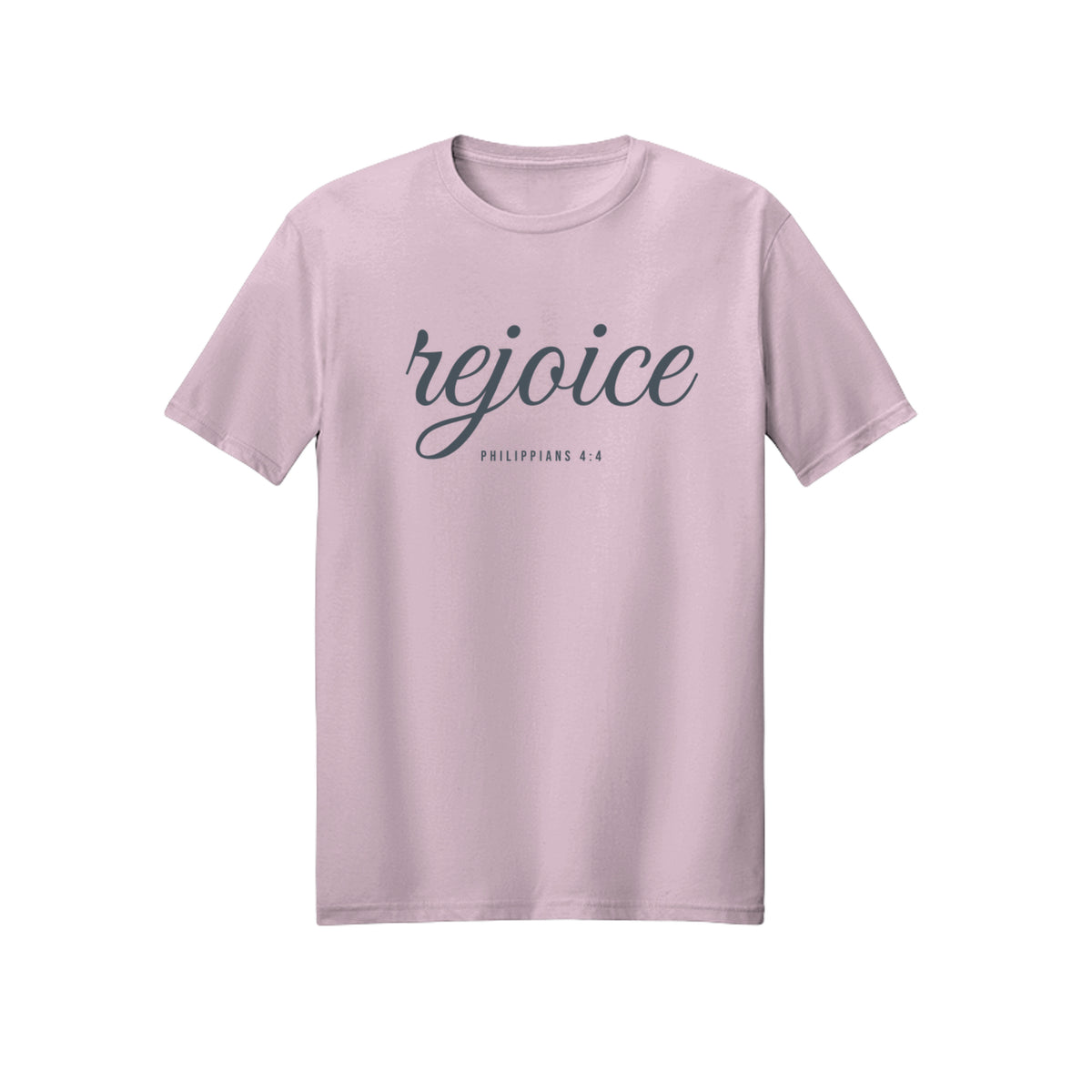 Blue Handwritten Rejoice in Christ shirt in Light Pink