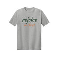 Green and Orange Rejoice in Christ shirt design detail, Philippians 4:4 scripture tee in Ash