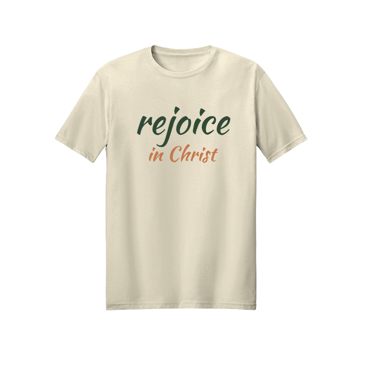 Green and Orange Rejoice in Christ shirt in Off White