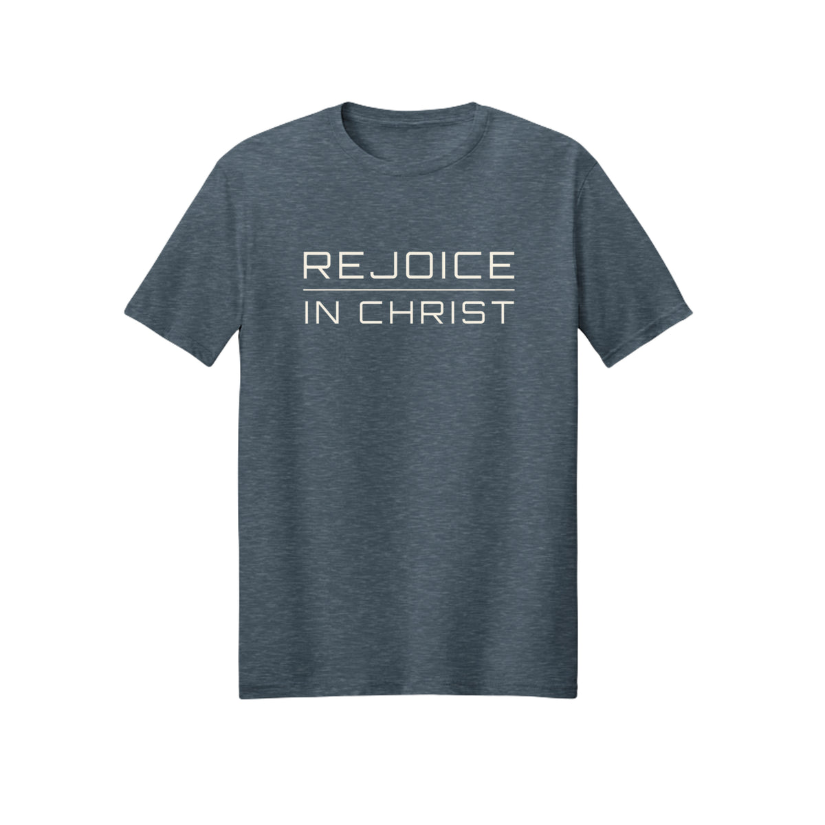 Minimal White Script Rejoice in Christ shirt design detail, Philippians 4:4 scripture tee in Dark Heather