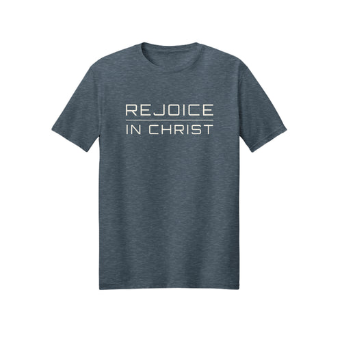 Minimal White Script Rejoice in Christ shirt design detail, Philippians 4:4 scripture tee in Dark Heather