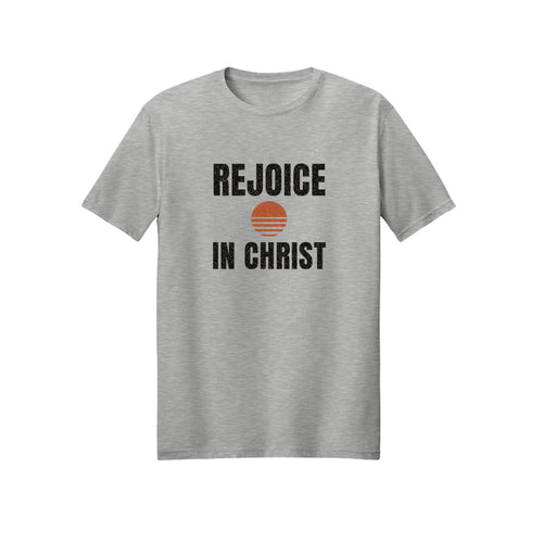 Retro Sun Badge Rejoice in Christ shirt — 2027 LDS youth theme design, Philippians 4:4 in Ash