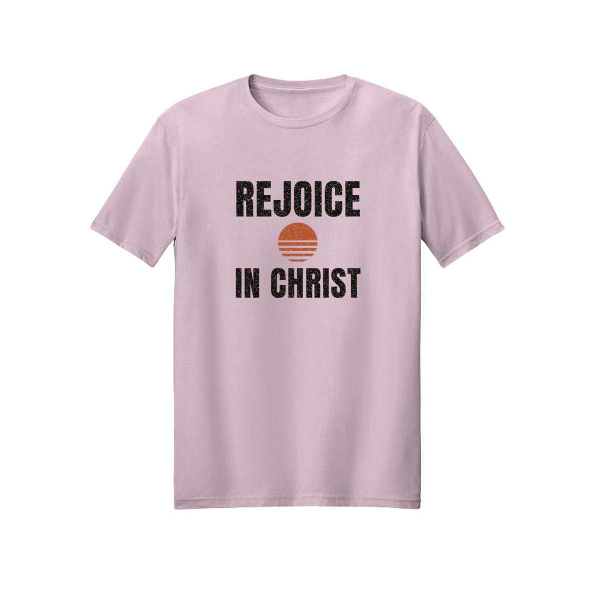 Retro Sun Badge Rejoice in Christ shirt design detail, Philippians 4:4 scripture tee in Light Pink