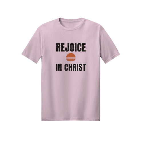 Retro Sun Badge Rejoice in Christ shirt design detail, Philippians 4:4 scripture tee in Light Pink