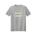 Circular Rejoice in Christ shirt design detail, Philippians 4:4 scripture tee in Ash