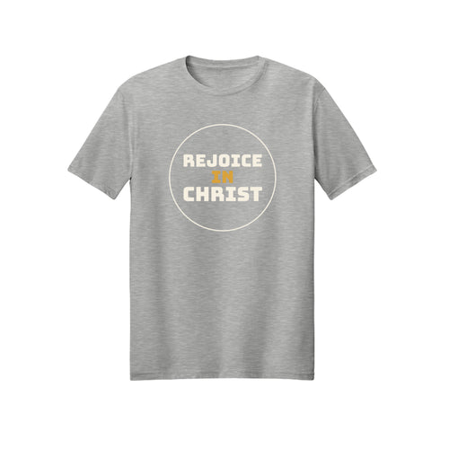 Circular Rejoice in Christ shirt design detail, Philippians 4:4 scripture tee in Ash